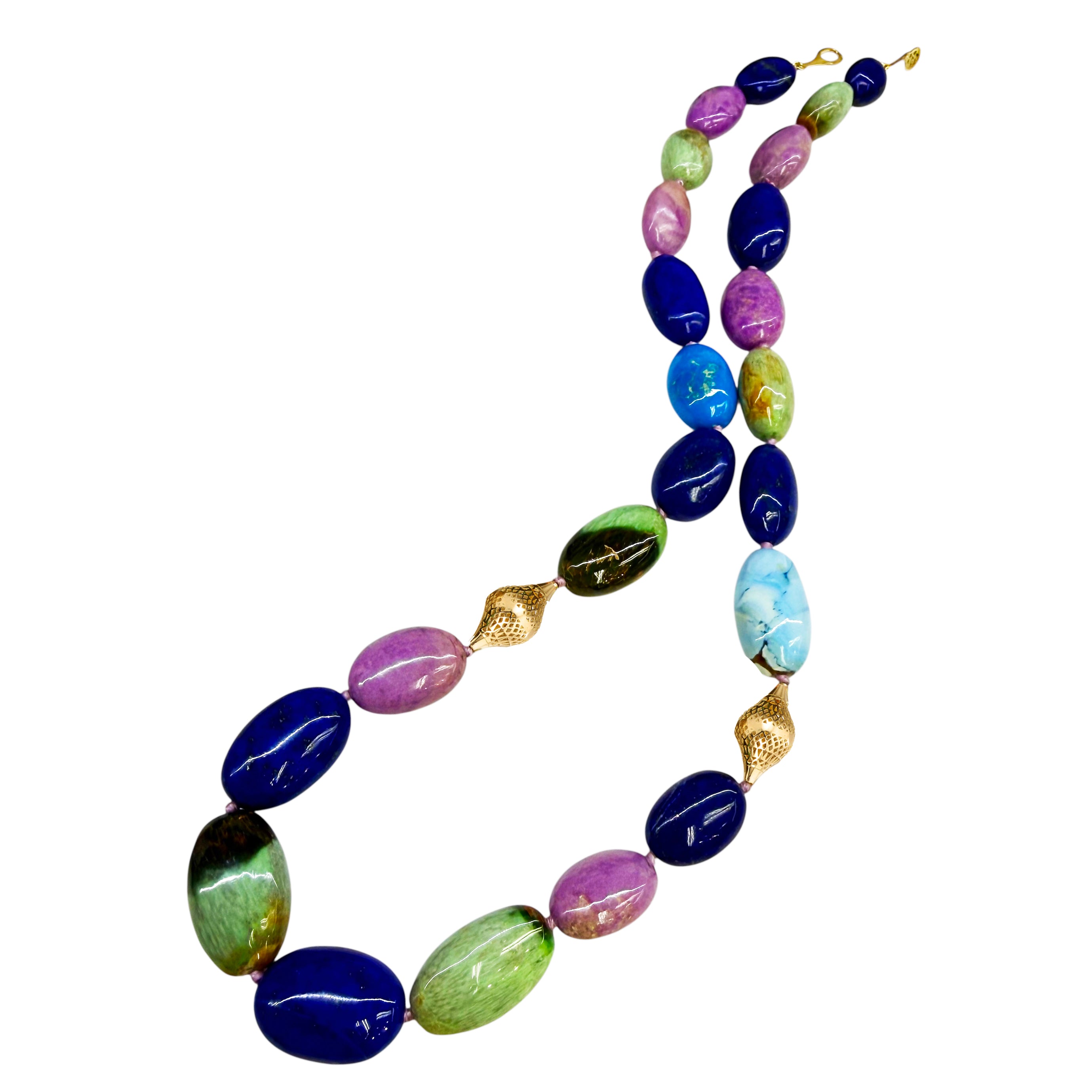 18K Yellow Gold Crownwork® Beaded Necklace with Lapis, Turquoise, and Sugilite