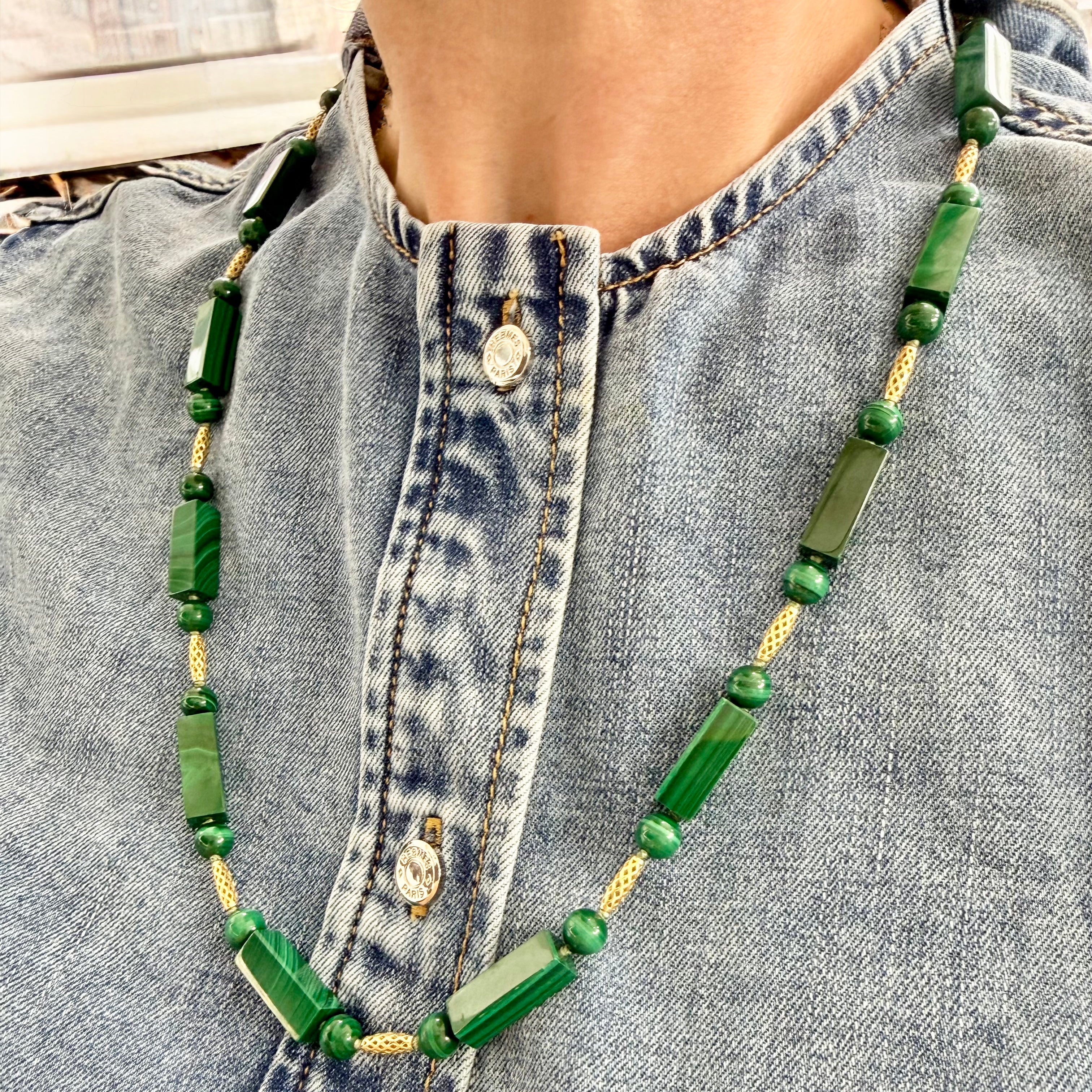 Malachite Baton & 18K Gold Crownwork® Bead Necklace