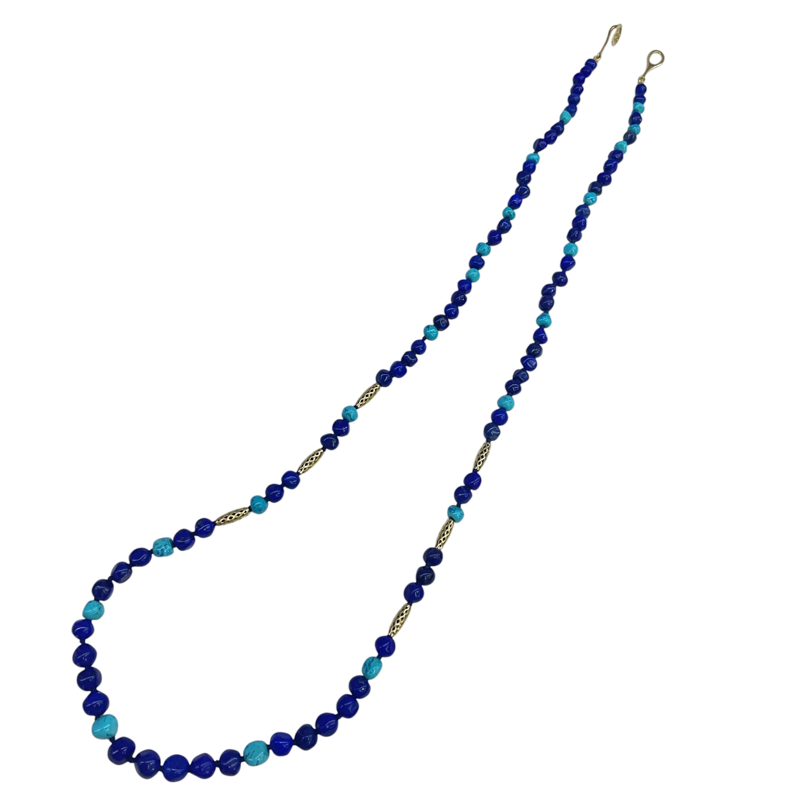 Lapis and Chrysocolla Beaded Necklace with 18K Yellow Gold Crownwork® Barrel Beads