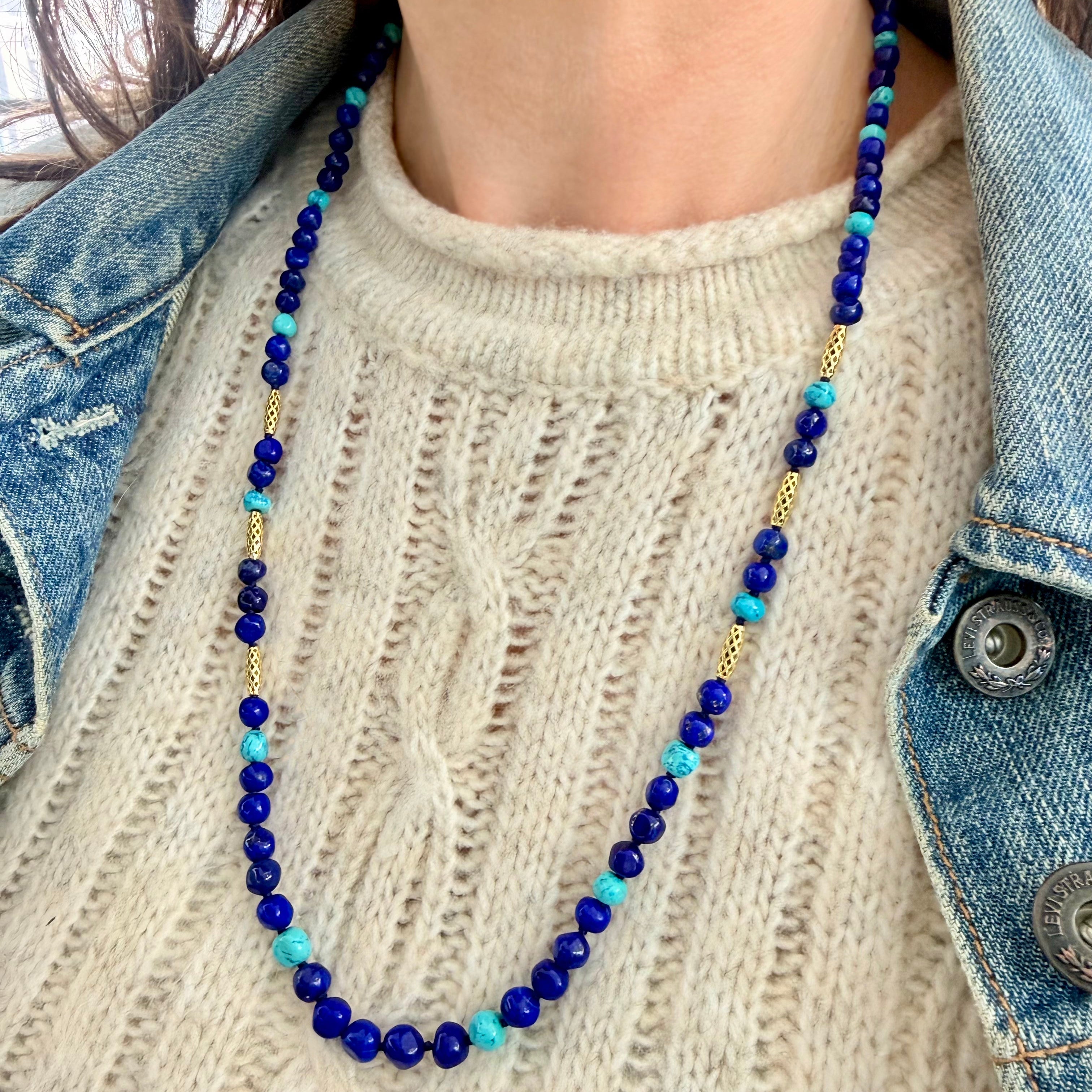 Lapis and Chrysocolla Beaded Necklace with 18K Yellow Gold Crownwork® Barrel Beads