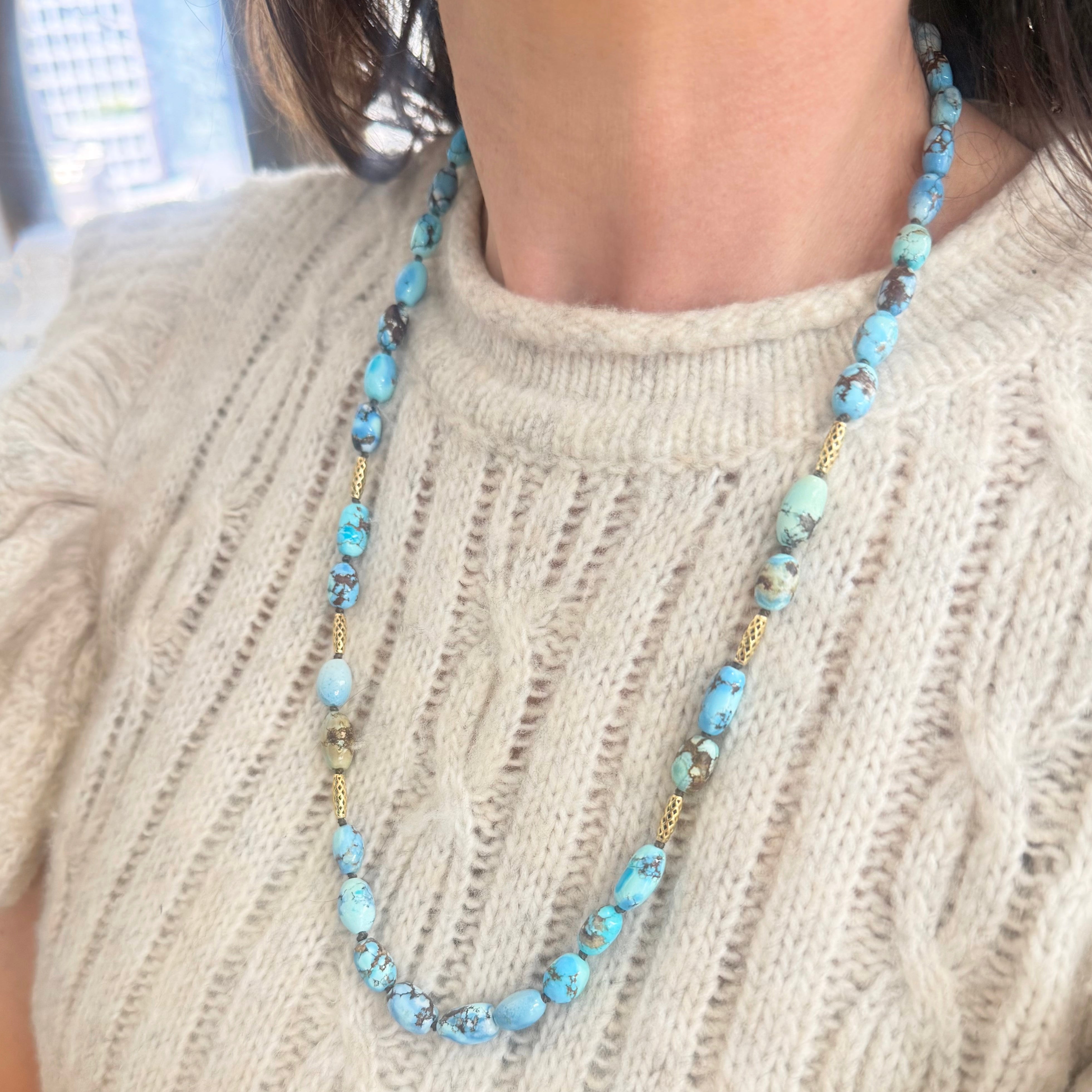 Golden Hill Turquoise Beaded Necklace with 18K Yellow Gold Crownwork® Barrel Beads