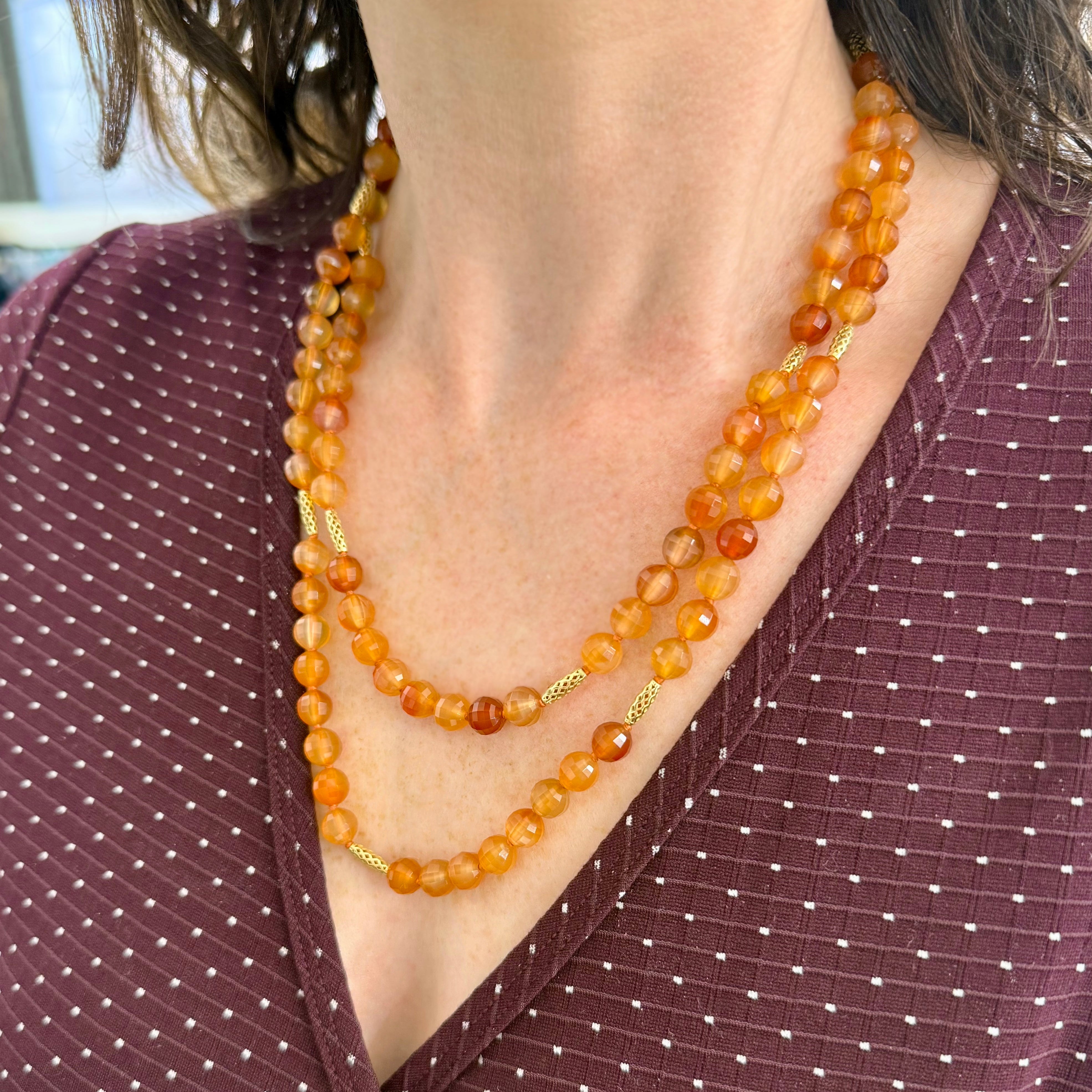 Faceted Carnelian Triple Wrap Beaded Necklace