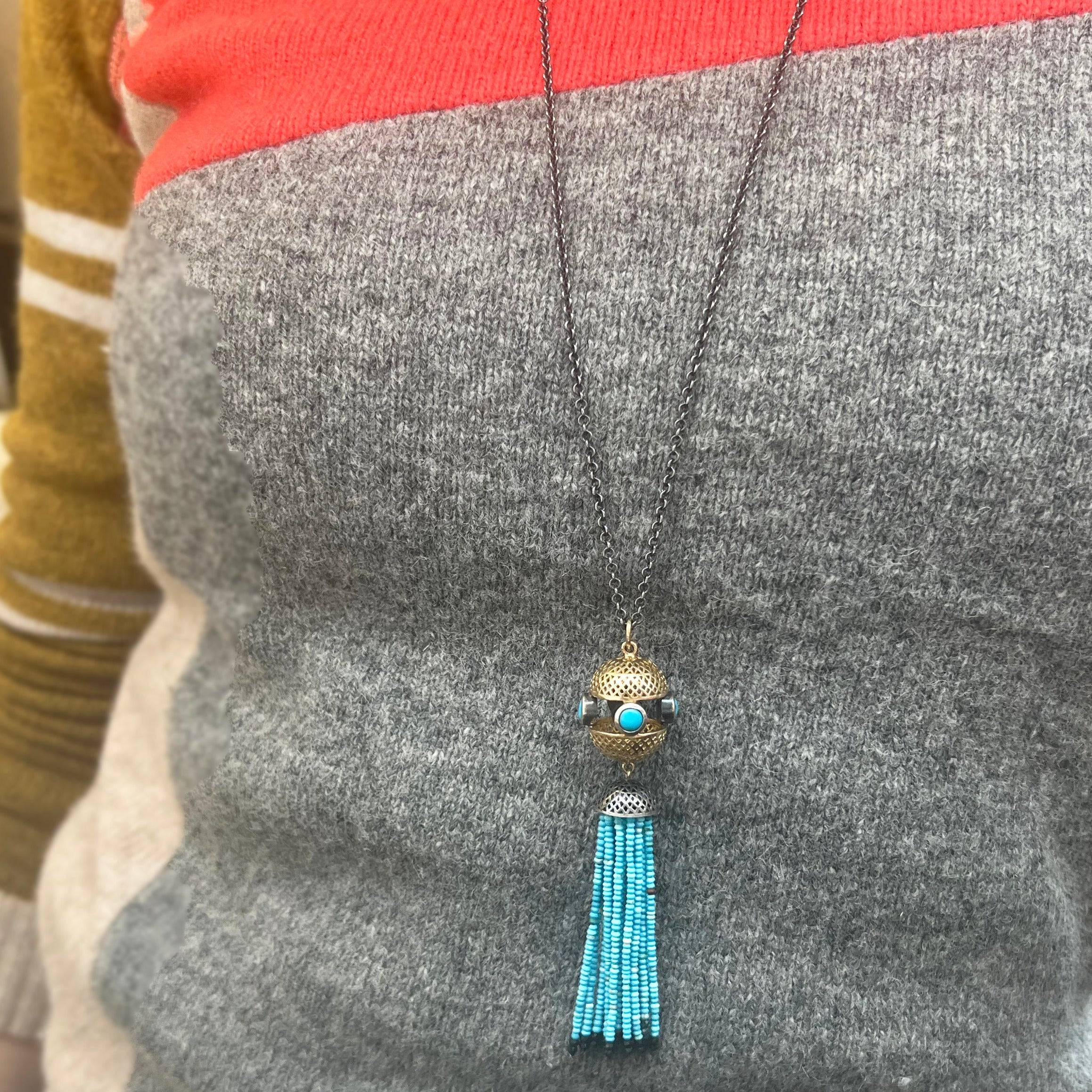 Turquoise and Black Spinel Tassel Pendant on Oxidized Silver Chain
