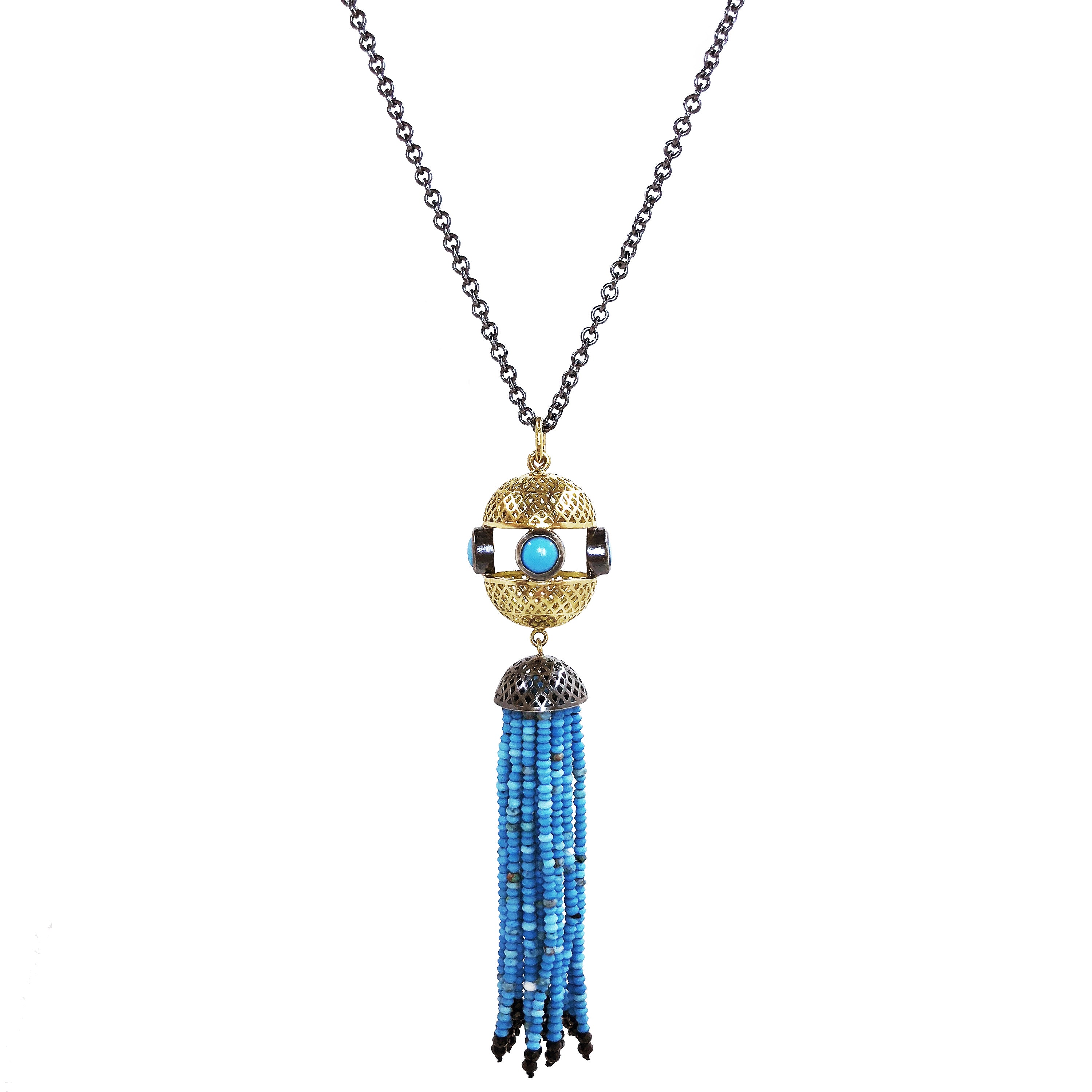 Turquoise and Black Spinel Tassel Pendant on Oxidized Silver Chain