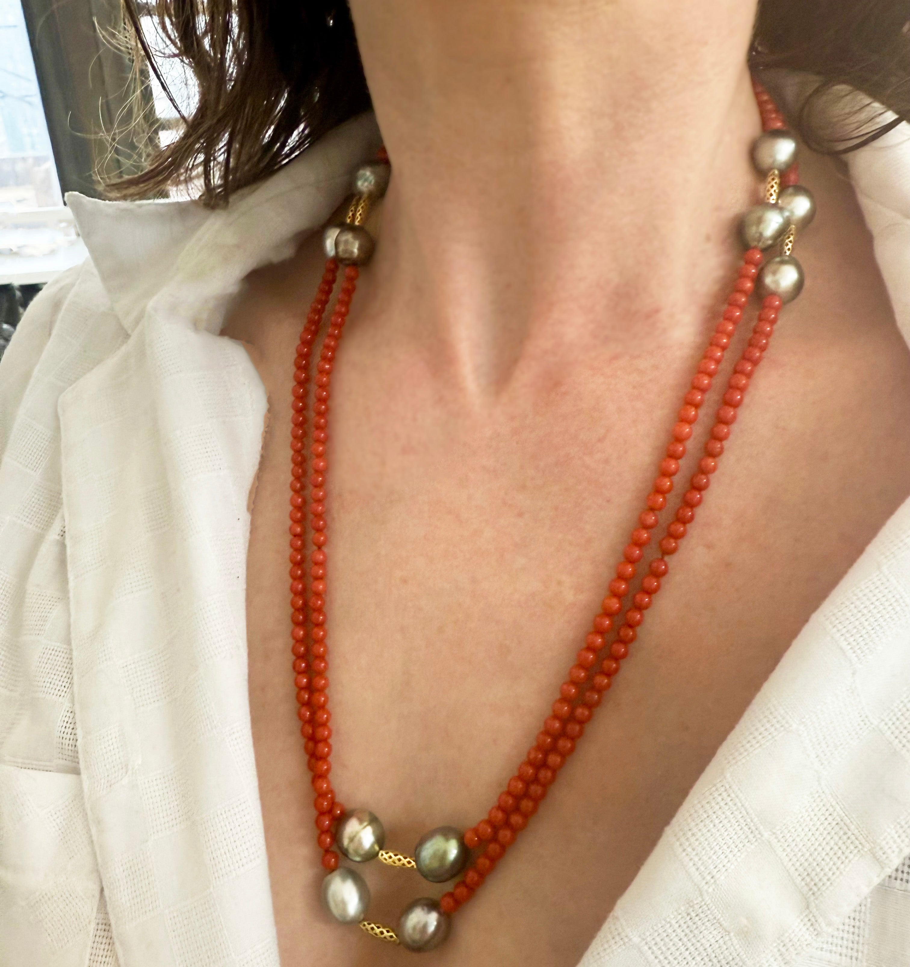 Coral Nugget & Tahitian Pearl Wrap Necklace
