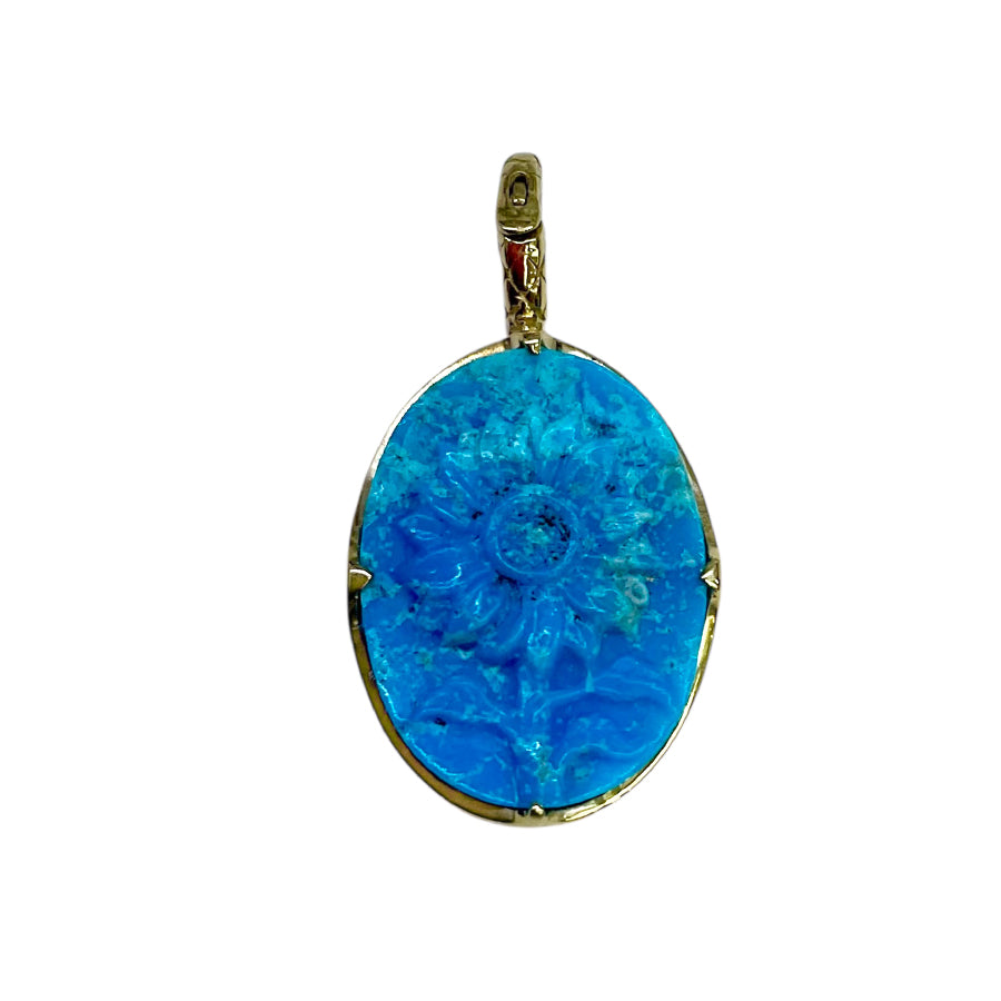 Kingman Turquoise Sunflower Carved Pendant