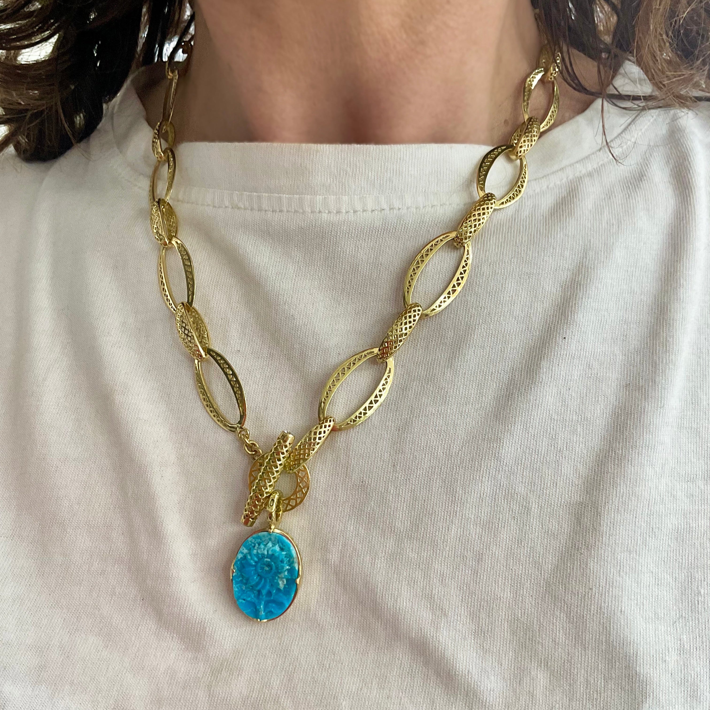Kingman Turquoise Sunflower Carved Pendant
