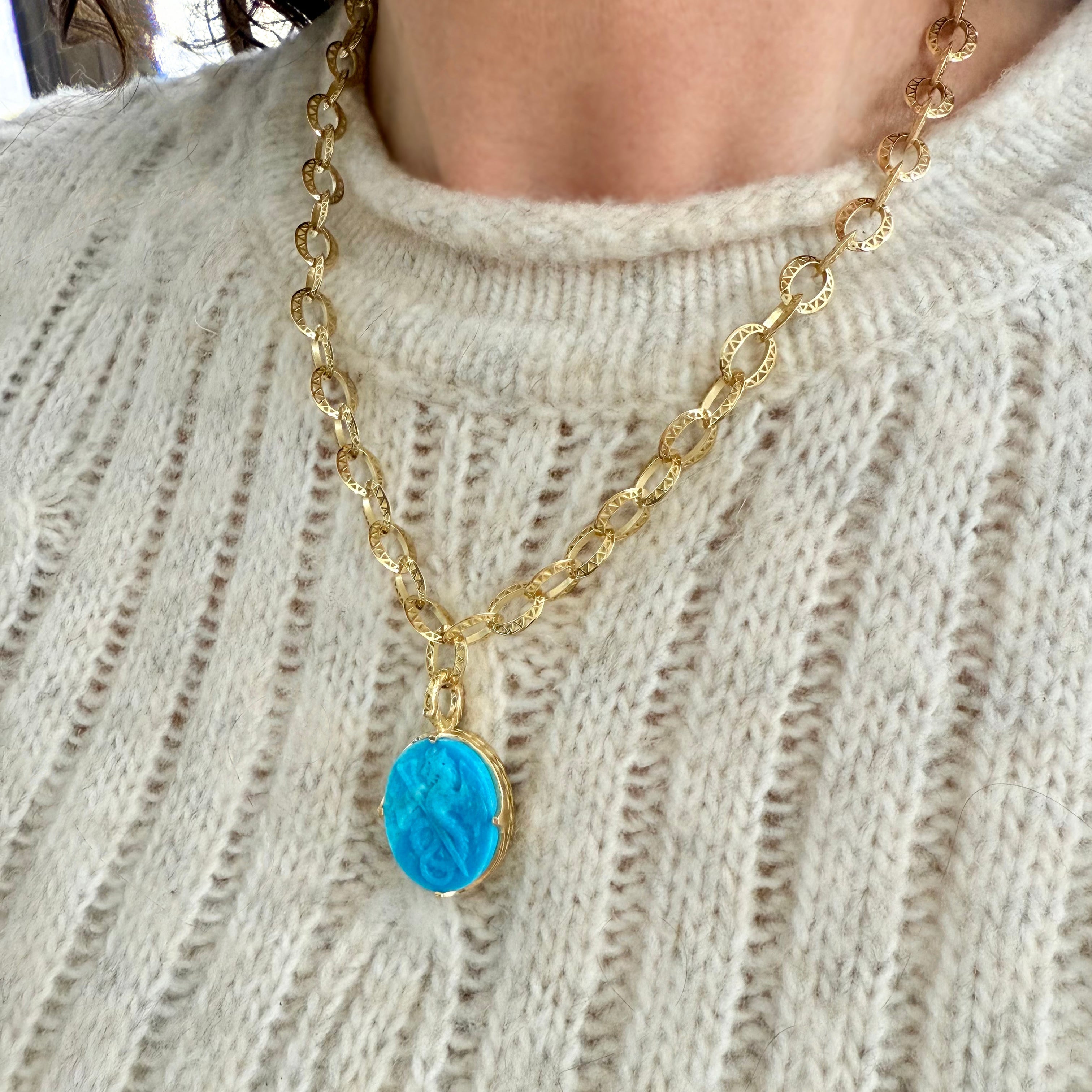 Carved Dragon Kingman Turquoise Pendant