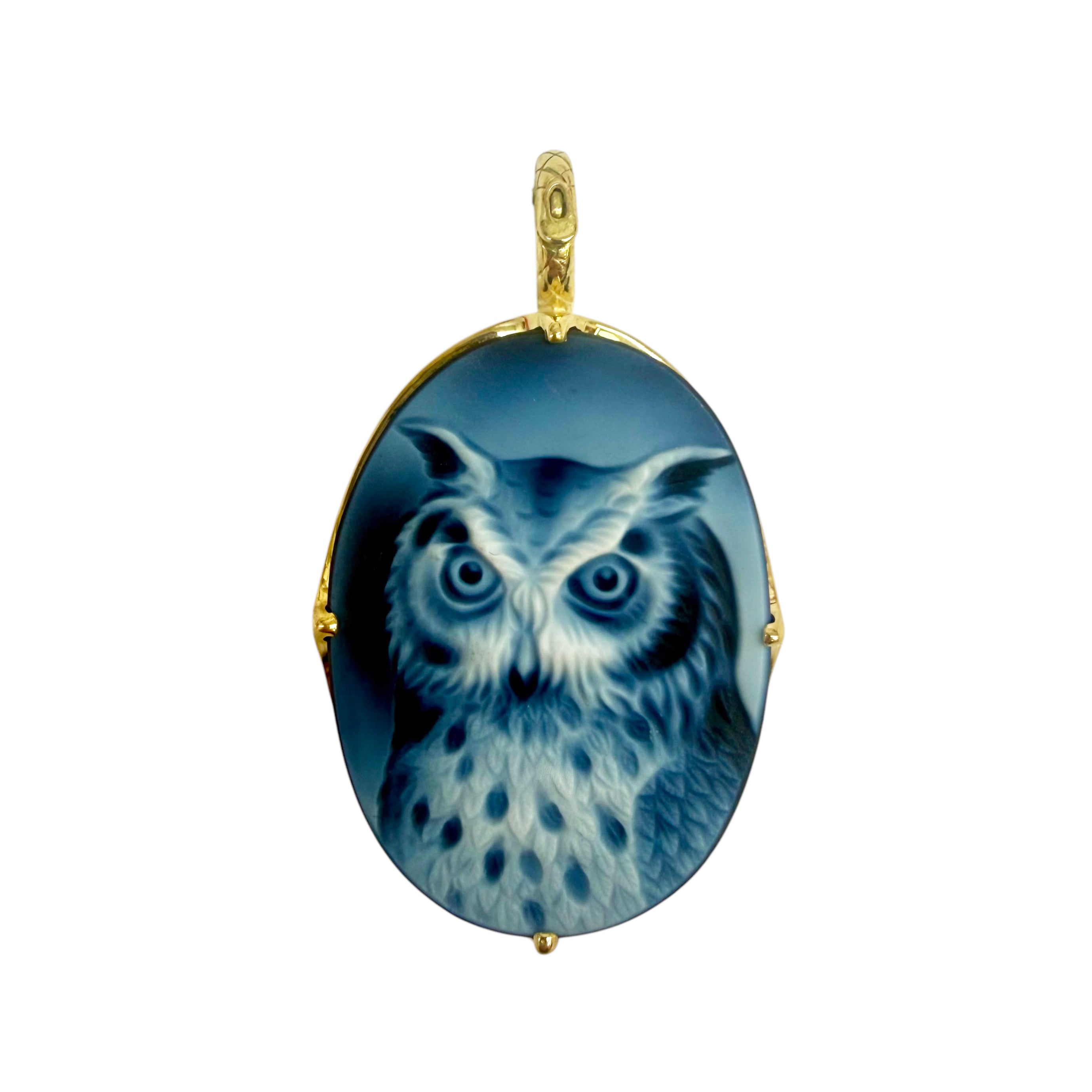 18K Yellow Gold Crownwork® Framed Sardonyx Owl Pendant