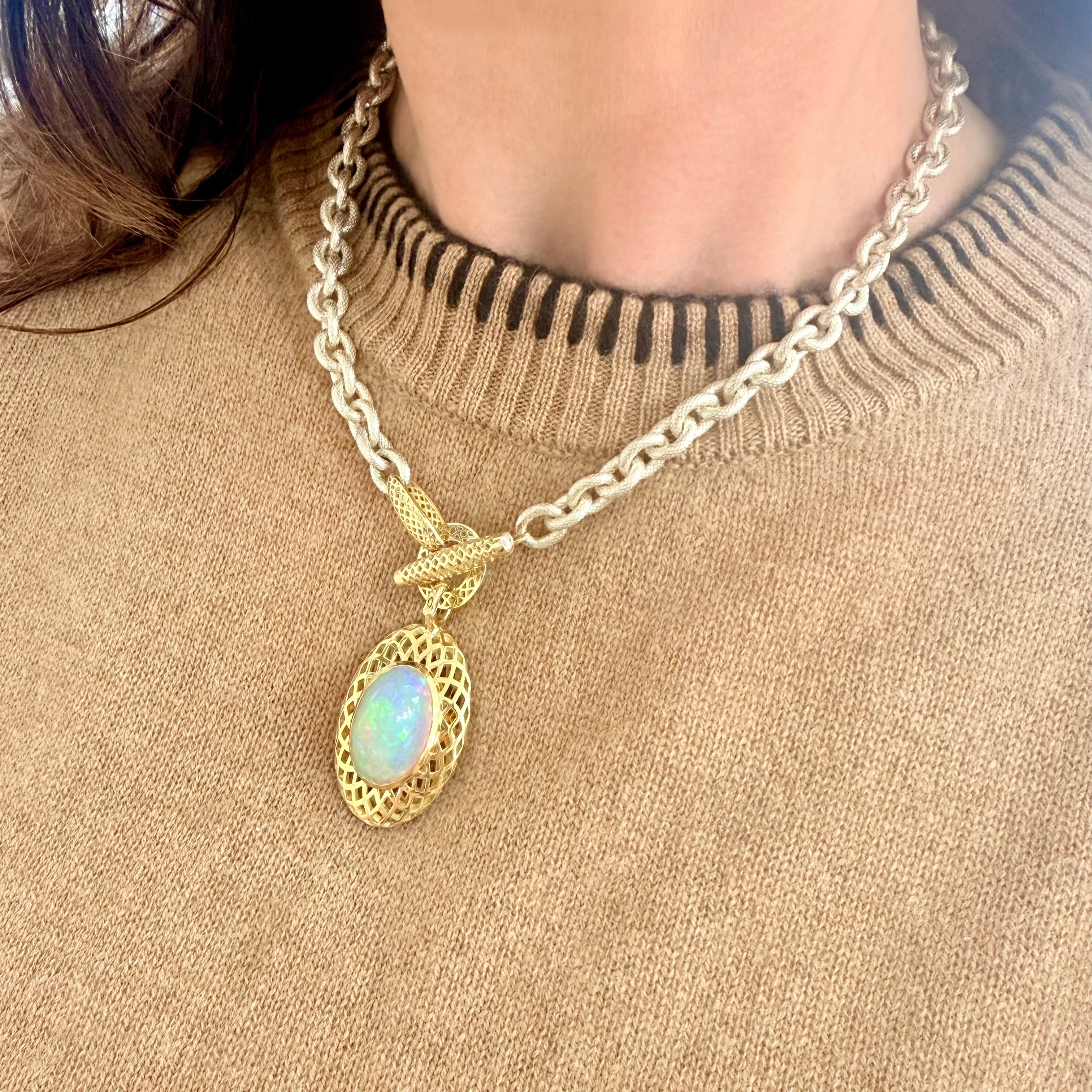 18K Yellow Gold Crownwork® Cushion Pendant with Ethiopian Opal