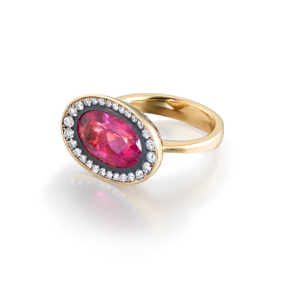 East / West Oval Pink Tourmaline Ring with Graduated Pave Diamonds