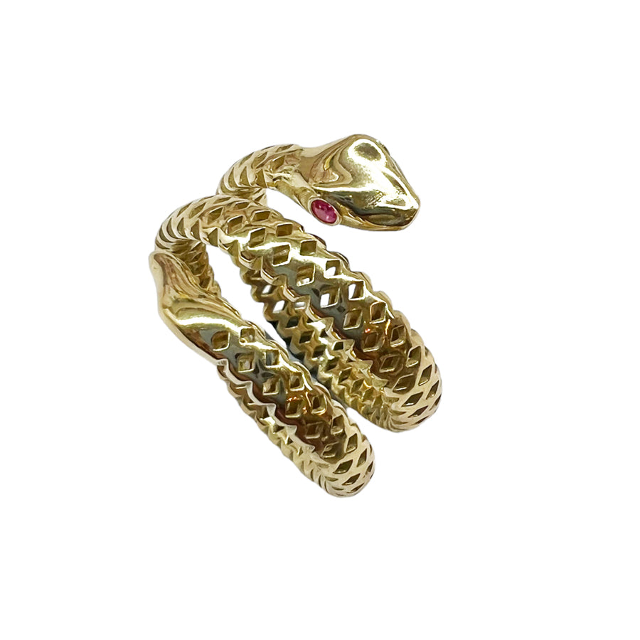 Double Wrap Snake Ring with Red Sapphire Eyes