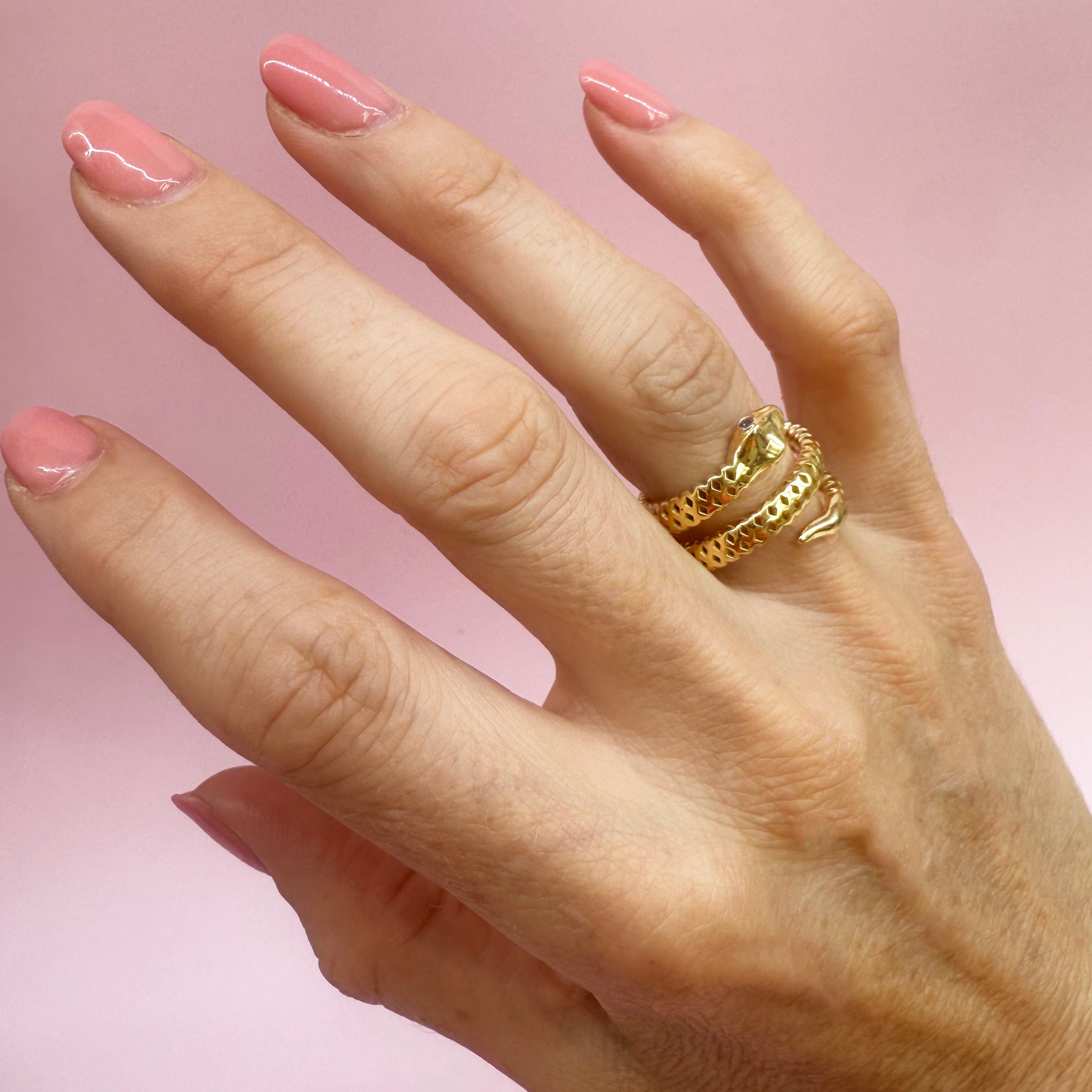 Double Wrap Snake Ring with Blue Sapphire Eyes