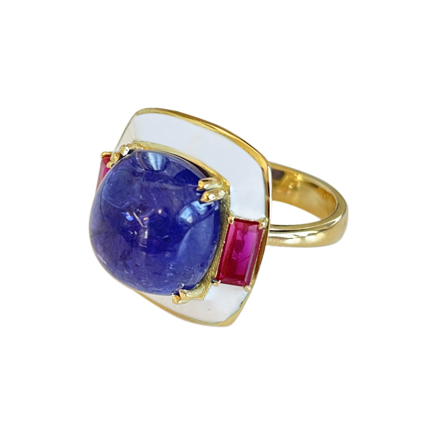 18K Yellow Gold Enamel Ring with Tanzanite and Ruby Baguettes