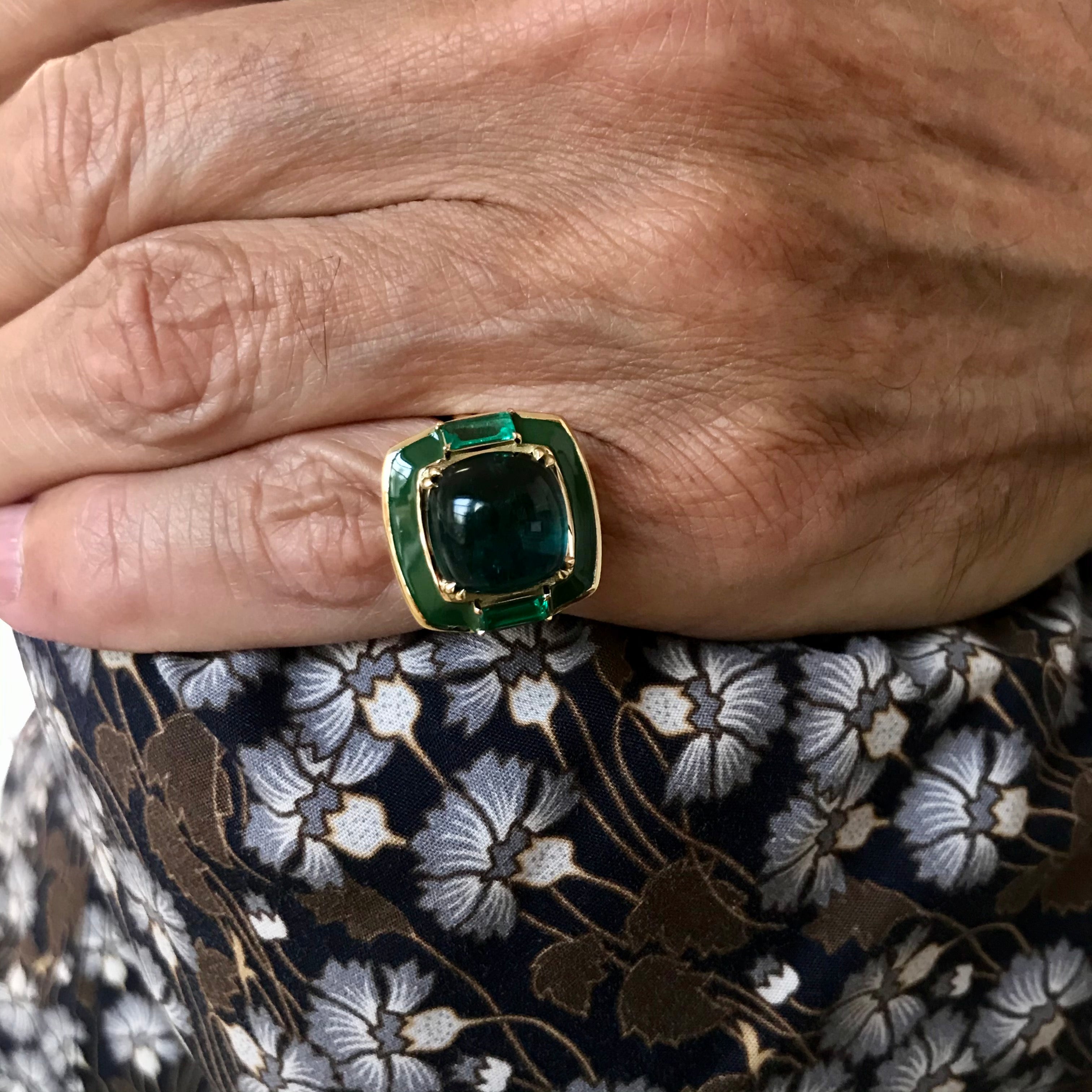 Green Tourmaline and Amethyst Enamel Ring