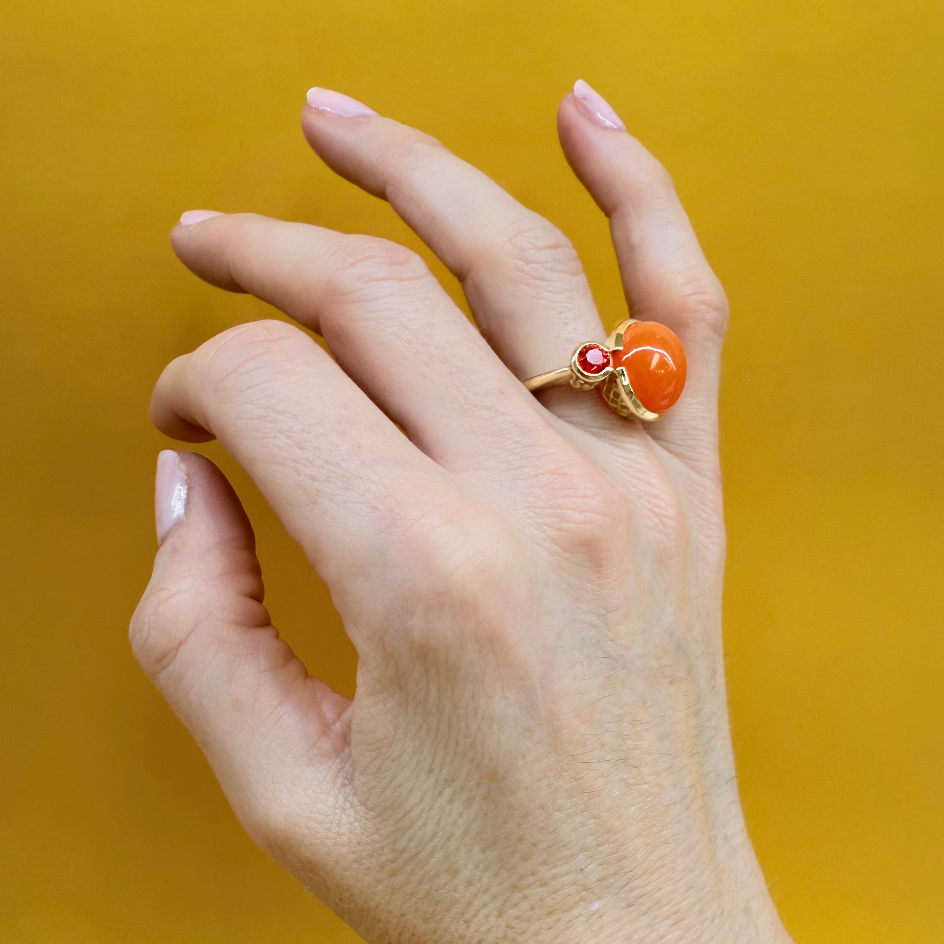 18K Yellow Gold Crownwork® Scalloped Ring with Mexican Fire Opal and Orange Sapphire