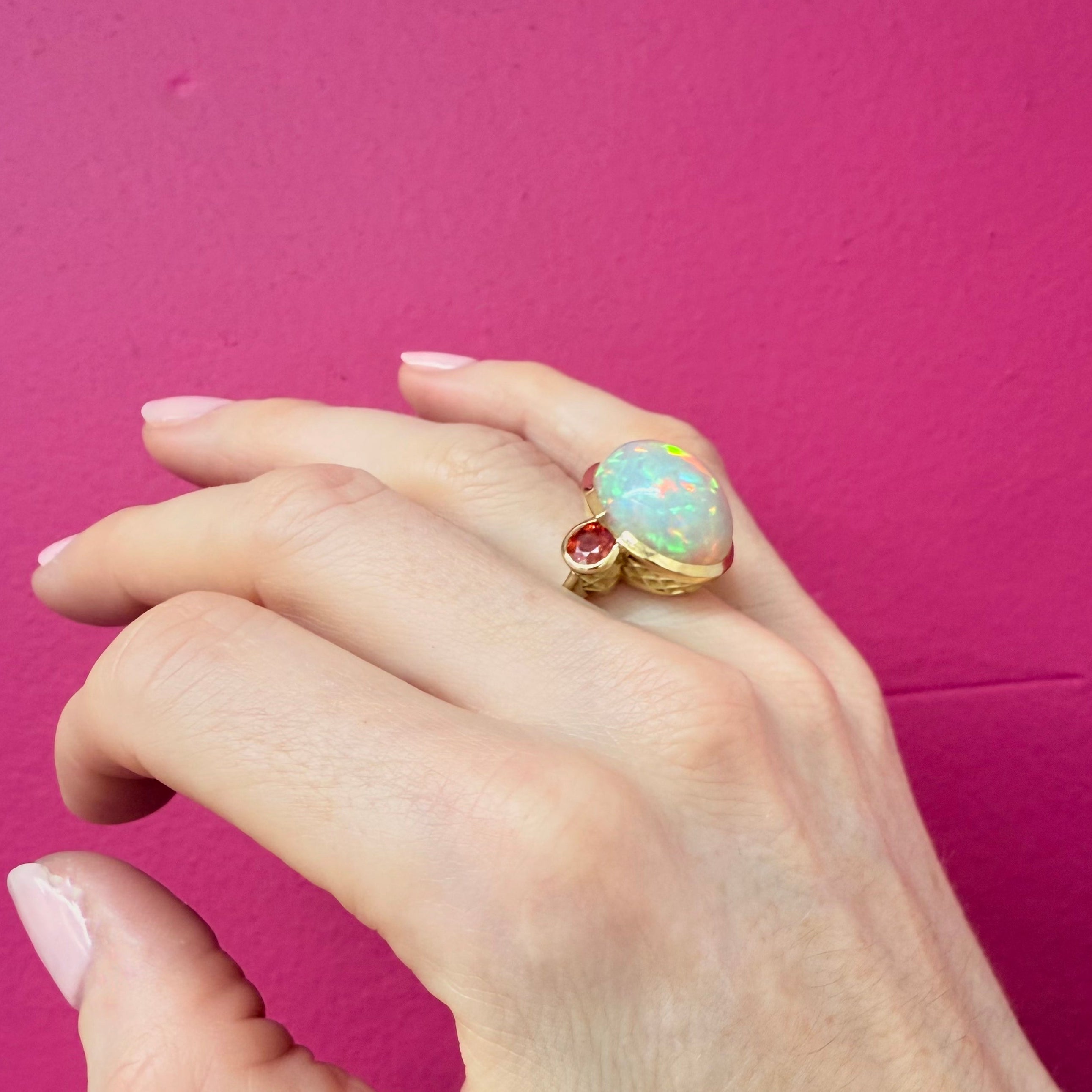 18K Yellow Gold Crownwork® Scalloped Ring with Opal and Orange Sapphires