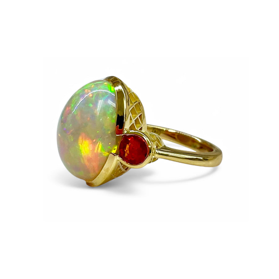 18K Yellow Gold Crownwork® Scalloped Ring with Opal and Orange Sapphires