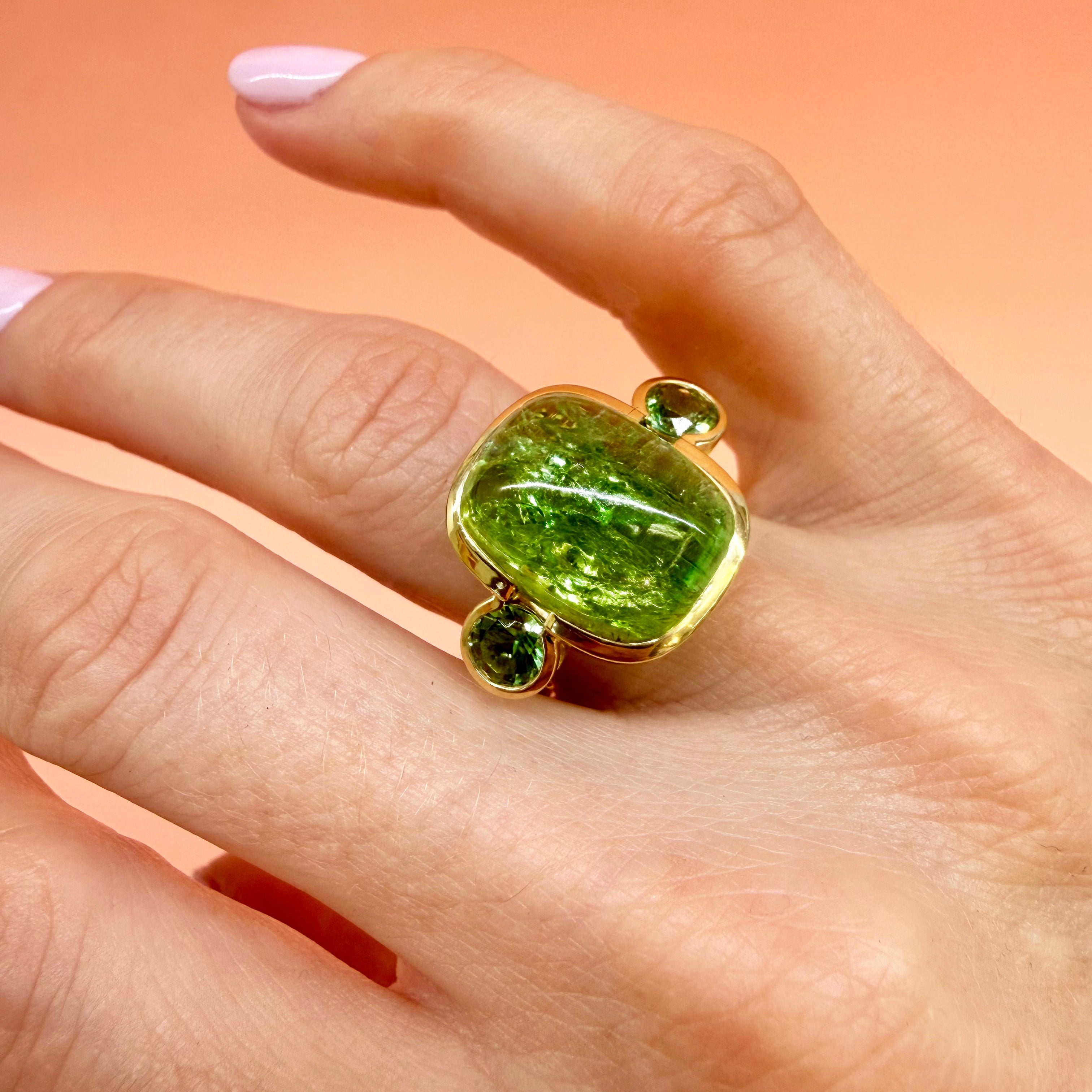 Tourmaline & Green Sapphire Crownwork® Cocktail Ring 18K Gold