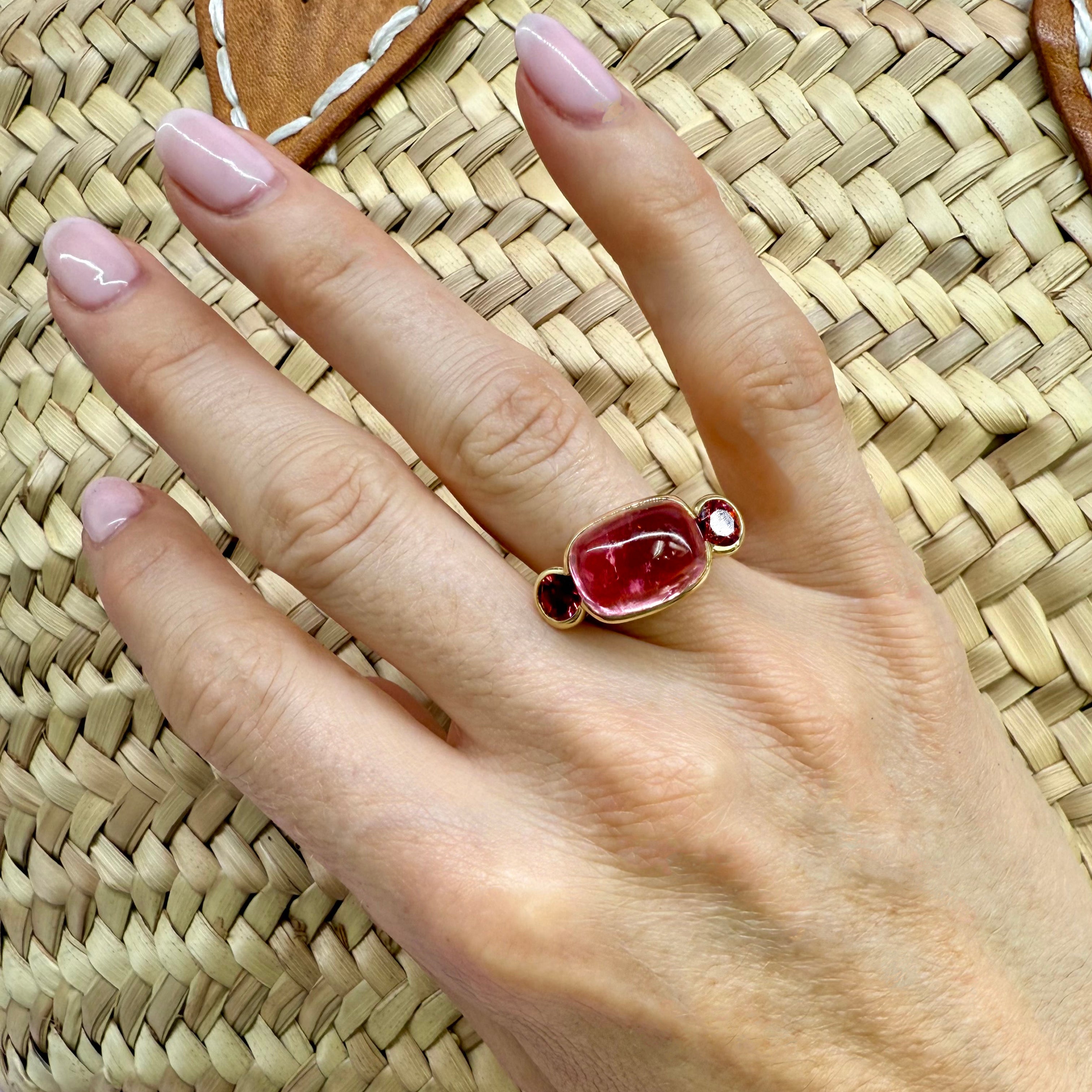 Pink Tourmaline & Garnet Scallop Ring
