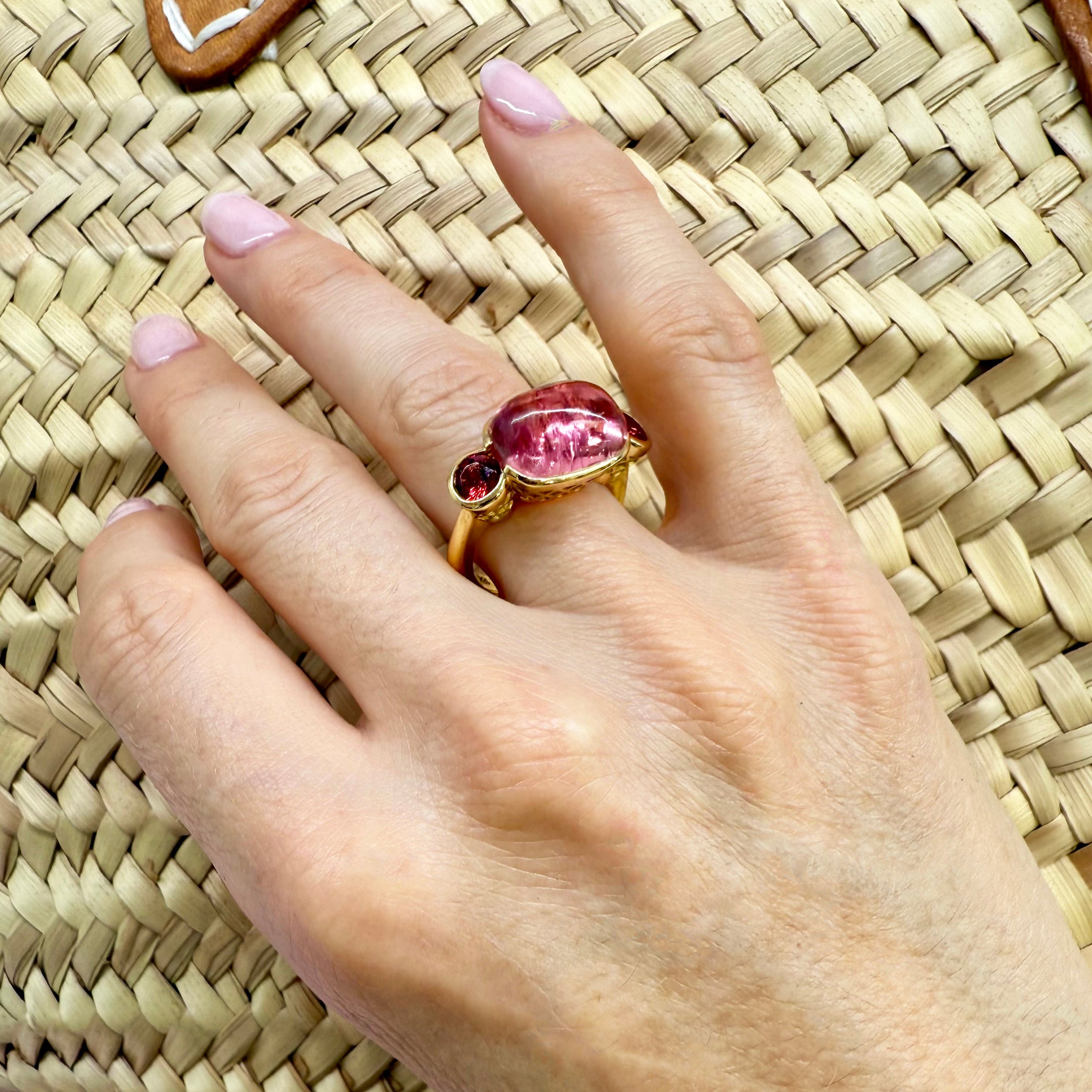 Pink Tourmaline & Garnet Scallop Ring