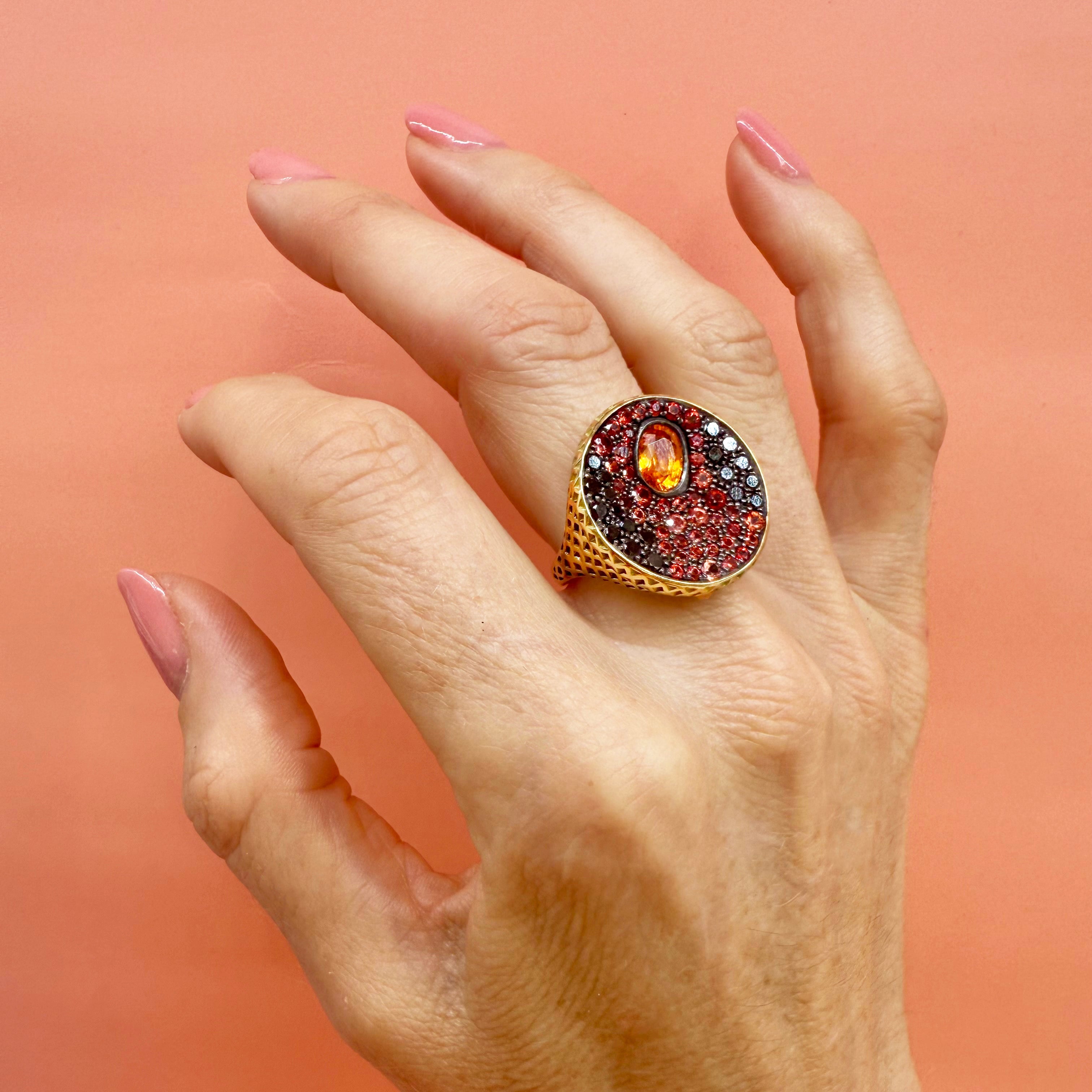 18K Yellow Gold Crownwork® Volcano Signet Ring with Orange Garnet, Sapphires, and Black Diamonds