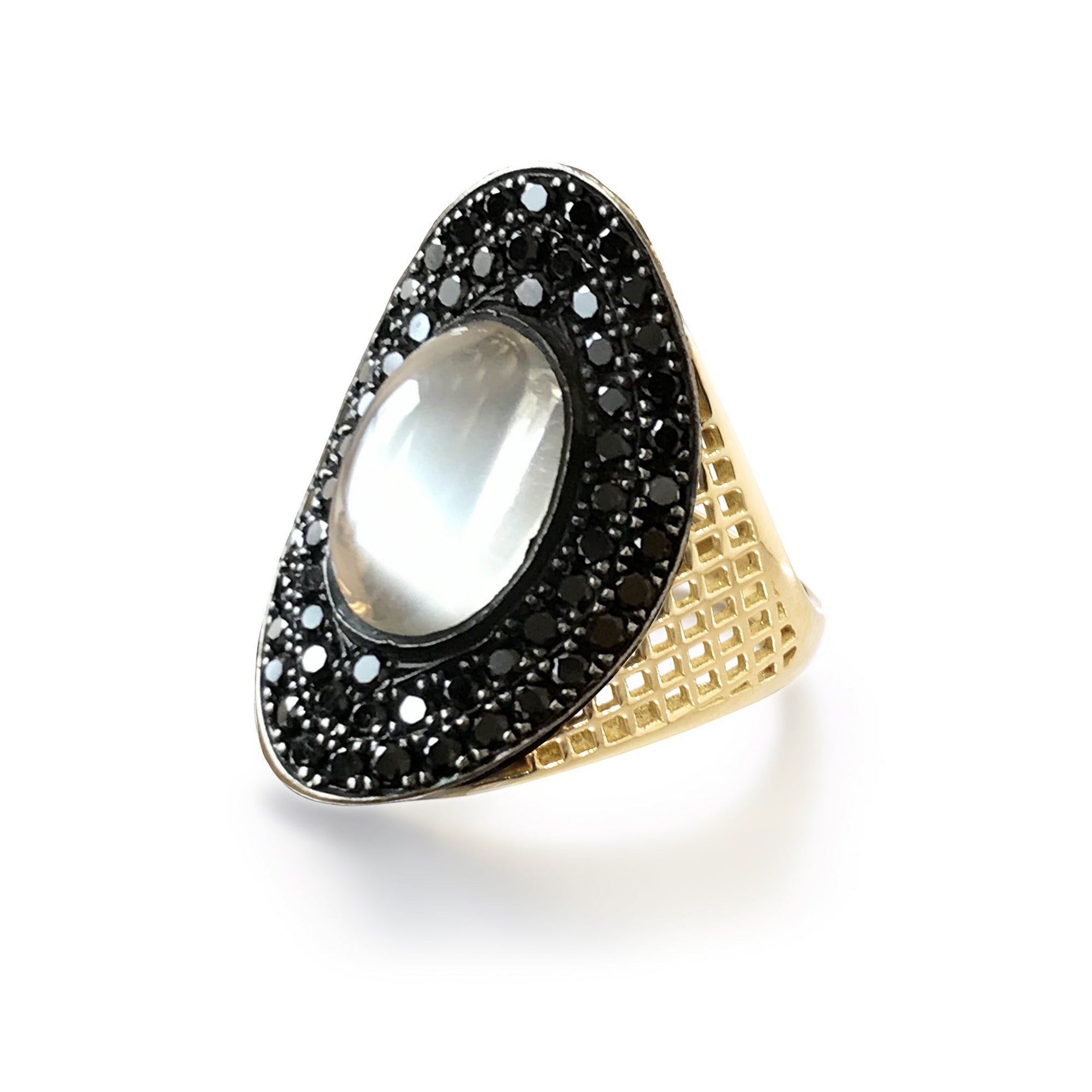 Burmese Moonstone and Pave Black Diamond Regency Ring