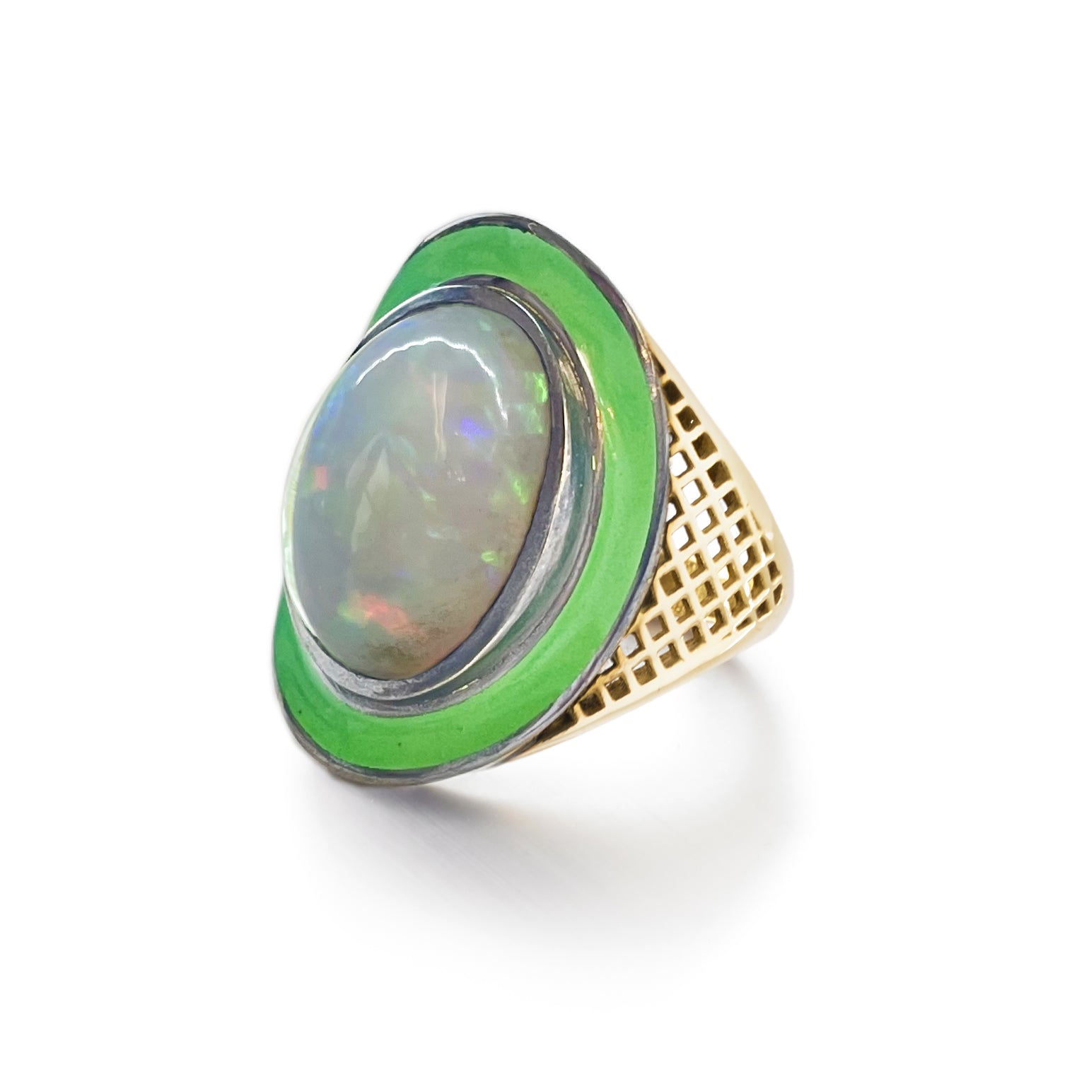 Green Enamel and Opal Regency Ring