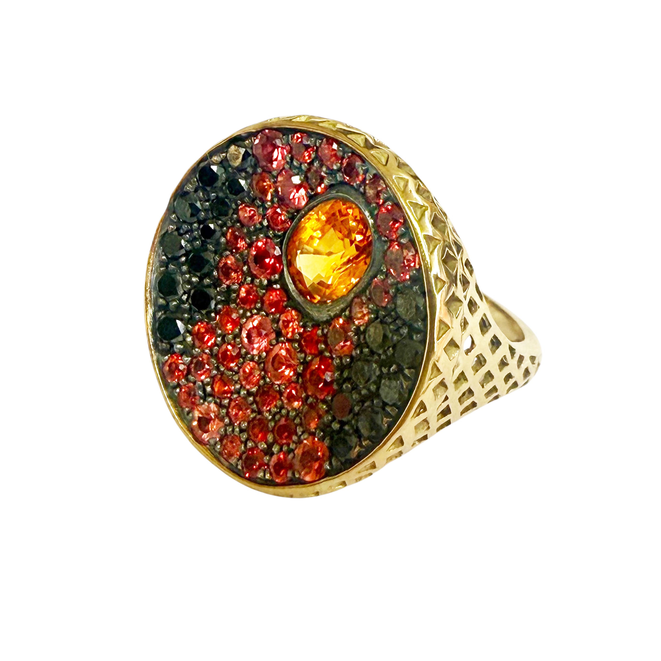 18K Yellow Gold Crownwork® Volcano Signet Ring with Orange Garnet, Sapphires, and Black Diamonds
