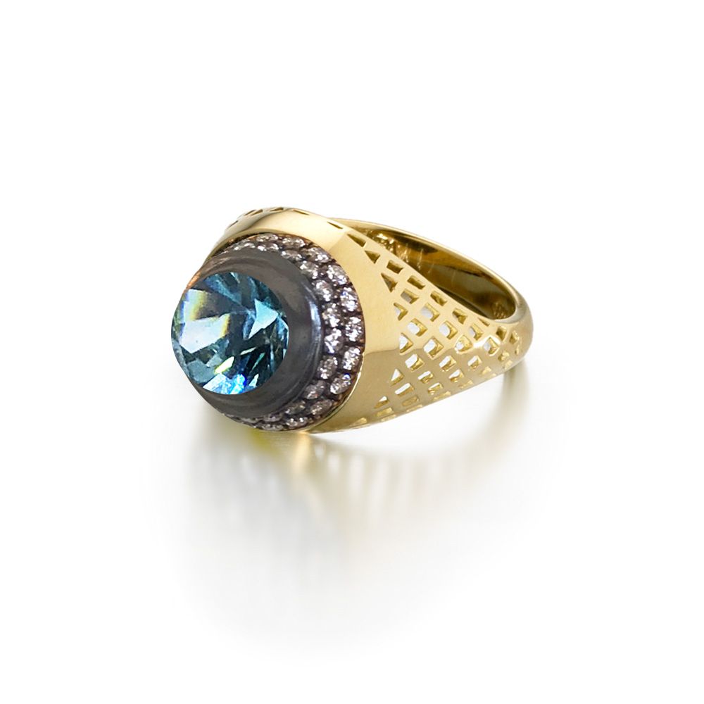 Blue Cambodian Zircon and Diamond Ring