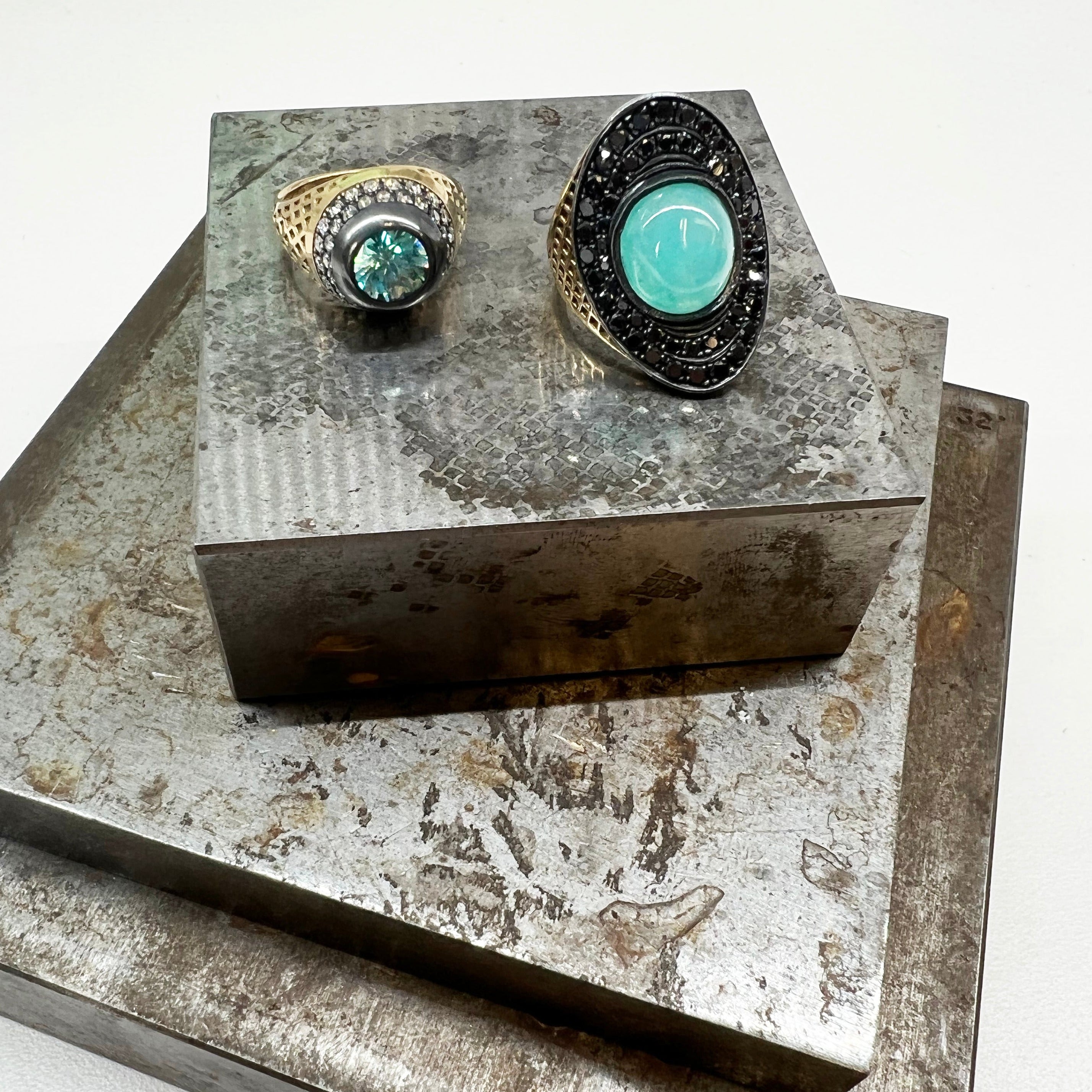 Chrysocolla and Black Diamond Regency Ring