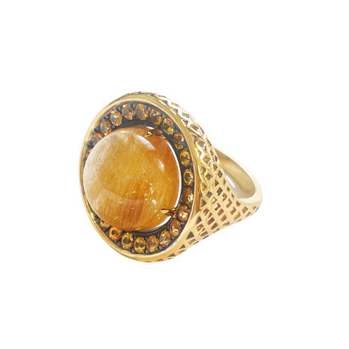 18K Yellow Gold Crownwork® Signet Ring with Rutilated Quartz and Yellow Sapphires