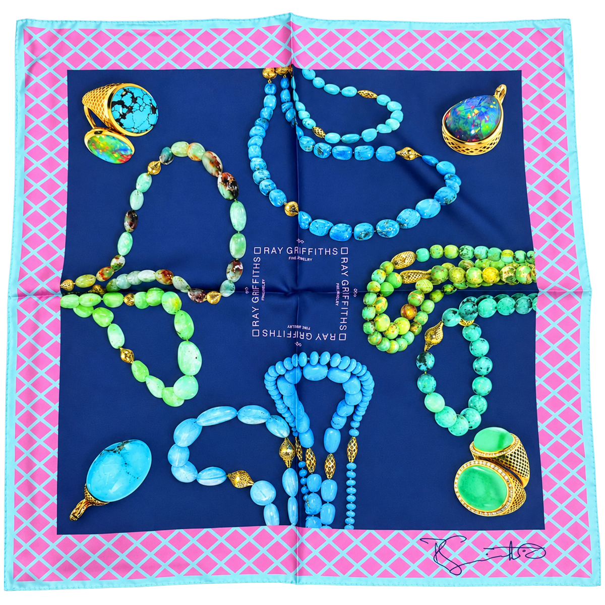 A folded fashion scarf laid flat on a white background, featuring a navy blue center with a pink lattice border, decorated with illustrated turquoise-style jewelry in green, blue, and gold. The scarf includes visible text reading 'RAY GRIFFITHS' and a signature in the lower right corner.