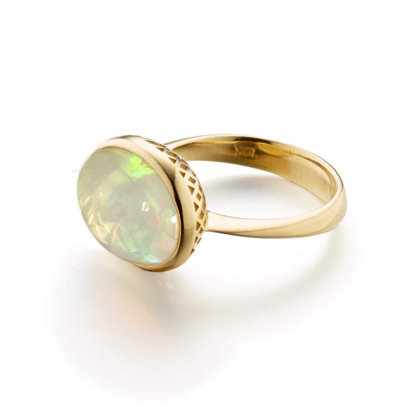 UPALA K18グリーントルマリン BEZEL RING Bezel-Set Round Opal Solitaire Engagement Ring