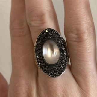 Burmese Moonstone and Pave Black Diamond Regency Ring