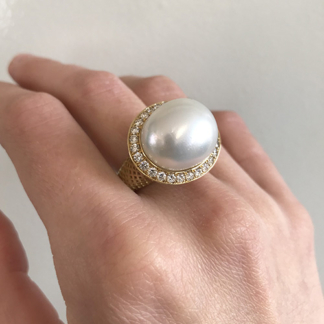 South Sea Pearl Ring with Pave Diamonds