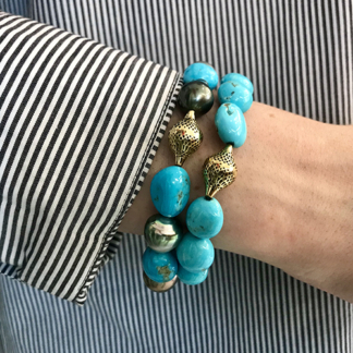 Turquoise and Tahitian Pearl Stretch Pearl Bracelet