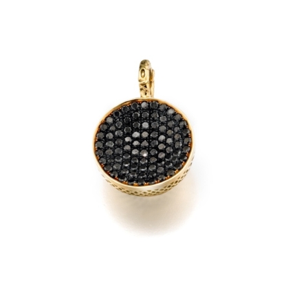 18k Yellow Gold half crownwork ball pendant set with pave black diamonds (3cts) in oxidized silver