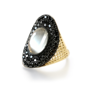 Burmese Moonstone and Pave Black Diamond Regency Ring