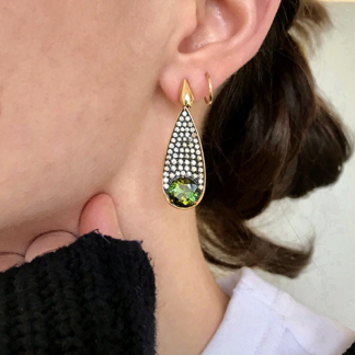 This is an image of a one of a kind pair of tourmaline and pave diamond earrings on a post