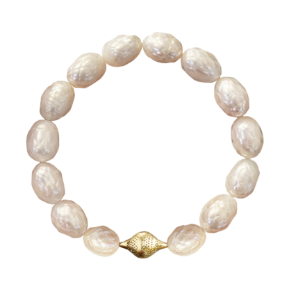 This is a photo of a faceted pearl bracelet with 18k gold finial