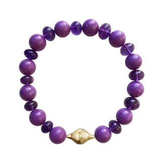 this is a image of a amethyst and Phosphosiderite stretch bracelet with 18k yellow gold finial