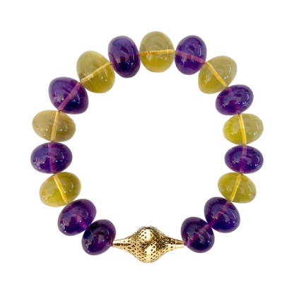 this is a image of a amethyst and green citrine stretch bracelet with 18k yellow gold finial