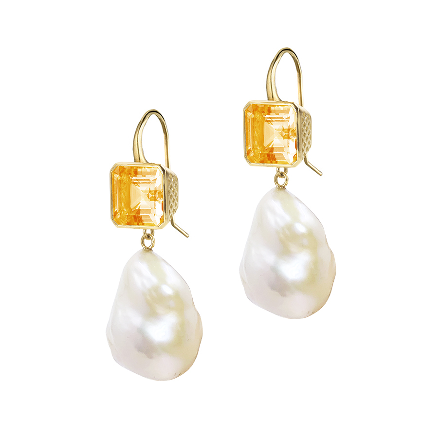 Citrine Earrings with Baroque Pearl Drops - Ray Griffiths Fine Jewelry