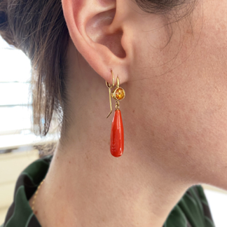 Rose Cut Golden Sapphire and Coral Drop Earrings