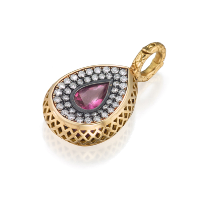 This is an image of a pink sapphire and diamond pendant with a detachable bail