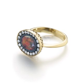 Faceted Black Opal and Diamond Ring