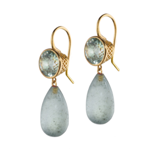 This is a picture of a pair of bezel set green amethyst earrings with moss aqua drops