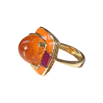 Mandarin Garnet and Ruby Enamel Ring