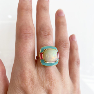 Opal and Orange Sapphire Enamel Ring